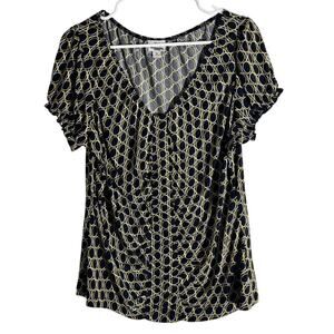 Worthington Stretch Black Yellow Geometric Ruched Blouse XL